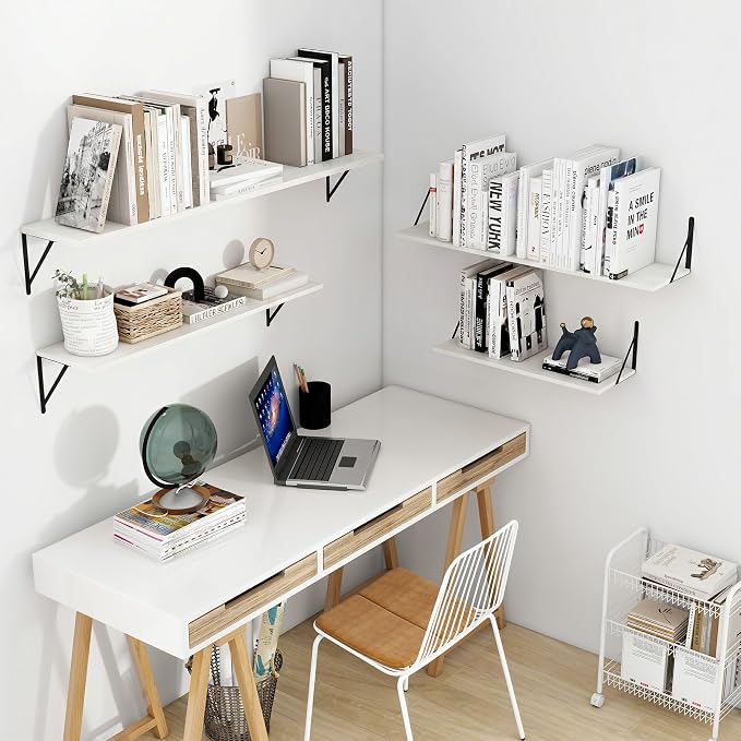 Vivelove White Deep Floating Shelves for Wall, 48W x 8D Wood Wall Shelves Set of 3, Wide Floating Bookshelf for Living Room, Kitchen, Office, Bedroom and Decor Storage, with Black Bracket - White