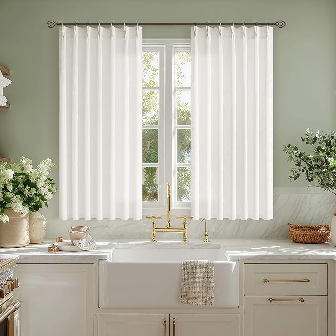 Cream Semi Sheer Linen Pinch Pleated Curtains 45 Inch Long | Extra Short 45 inch Length Small, Pinch Pleat Hook Rings Memory Shape, Ivory Beige Neutral, Faux Linen Textured, Boho Modern