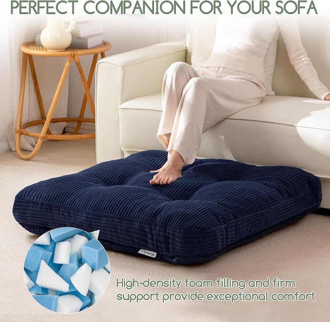 HIGOGOGO 35" Floor Pillow Cushion for Adults, Meditation Cushion Pillow, Extra Large Square Floor Sitting, Tufted Corduroy Cover for Tatami Living Room or Yoga, Navy