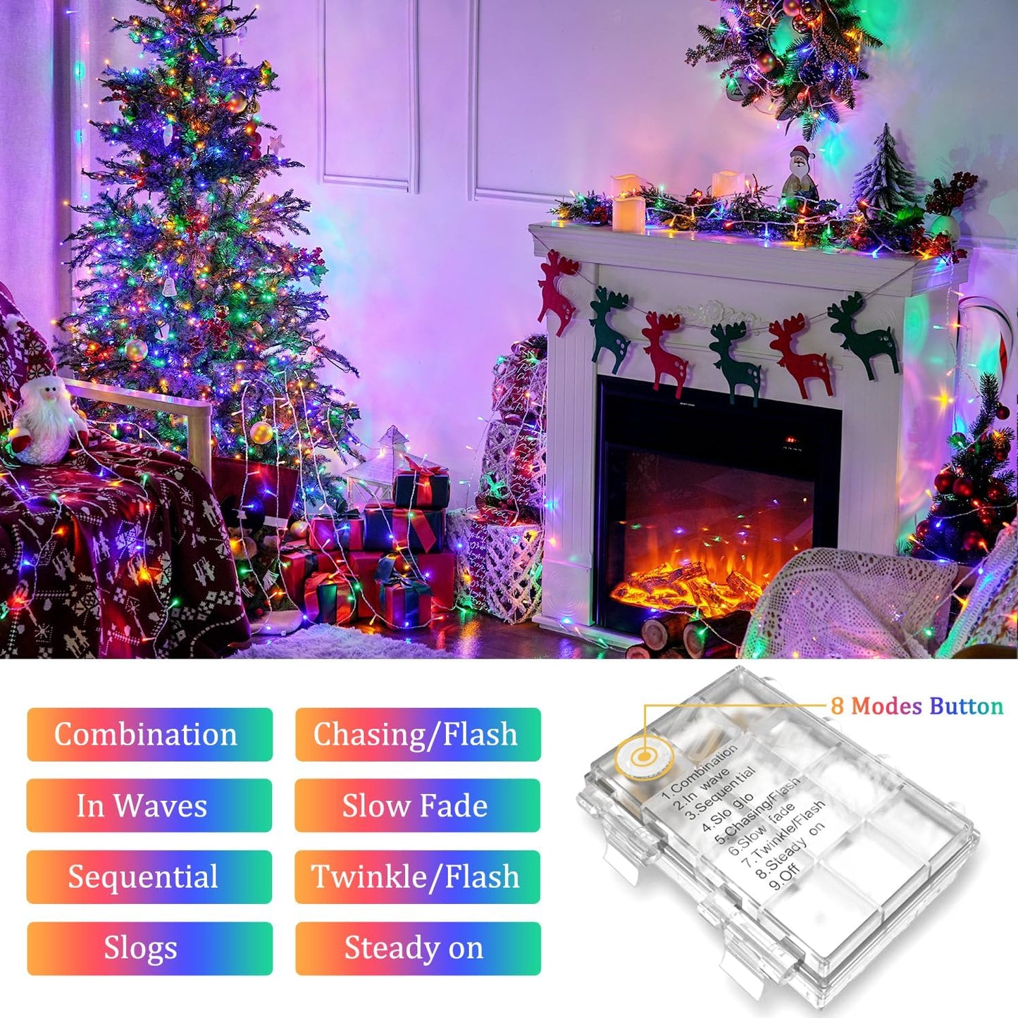 JMEXSUSS Multicolor Christmas Lights Battery Operated with 8 Modes Remote Waterproof, 33ft 100 LED Battery Christmas Lights Indoor Outdoor for Tree Home Party Room Garden Decor