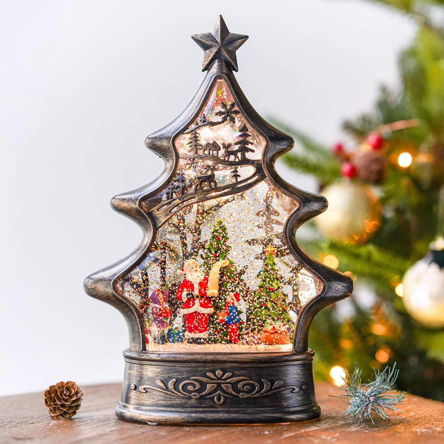 Musical Snow Globe Christmas Tree Lantern Lighted Santa's List Christmas Snow Water Lantern Swirling Glittering Home Decoration and Gift, Battery Operated or USB Powered
