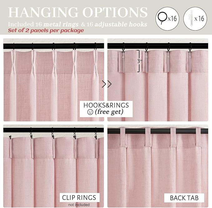 Cute Baby Pink Memory Trained Pinch Pleated Curtains 84 Inch Length 2 Panels Set for Girl Room Nursery, Linen Blend Light-Pink Princess Semi Sheer Light Filtering Living Room Drapes Back Tab 40Wx84L