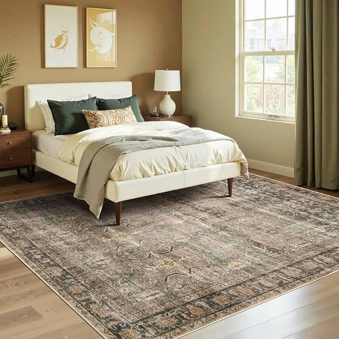 Rugxara Brown 5x7 Area Rugs for Living Room Bedroom, Large Washable Rug, Vintage Retro Boho Rug, Non Slip & Low Pile Faux Wool Thin Carpet for Indoor Dining Room and Kids Room(Charcoal/Olive 5x7ft)