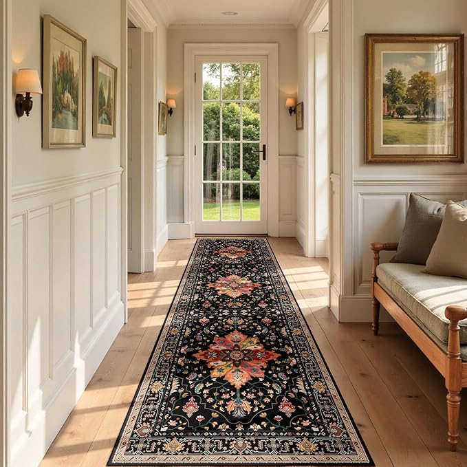 RELEANY Area Rugs 3'x9' Runner Rug Non Slip Washable for Kitchen Hallway Bedroom Beside Laundry Room Bathroom Rug, Floor Carpet, Black Colorful Floral Dark Tan