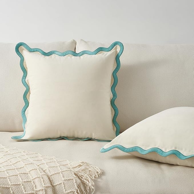 MONDAY MOOSE Decorative Throw Pillow Covers Cushion Cases, Set of 2 Soft Velvet Scalloped Wavy Edge Designs, Mix and Match for Home Decor, Pillow Inserts Not Included (16x16 inch, White/Light Blue)
