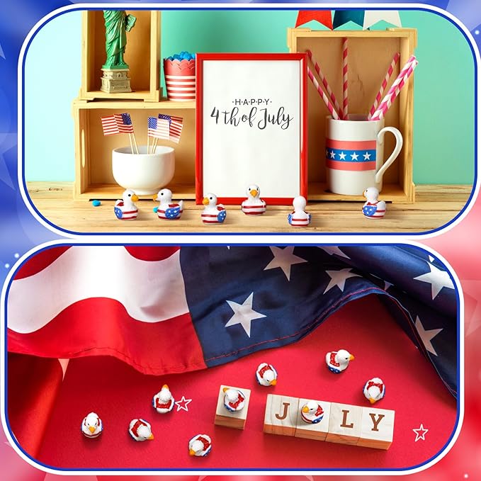 DoubleFill 100 Pcs Patriotic Eagle Duck Figurine Mini Resin Veteran Ducks 250th Anniversary Independence Day Patterns Tiny Animal Figurines Patriotic Resin Ducks Ornament for Home Office Desk Bathroom