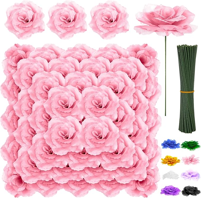 LELEE 108pcs Roses Head Flowers with Stem - Pink Artificial Flowers Rose Bulk - Silk Rose Fake Flower for Wedding Bouquet Valentine's Party Decor DIY Bridal Shower Centerpieces