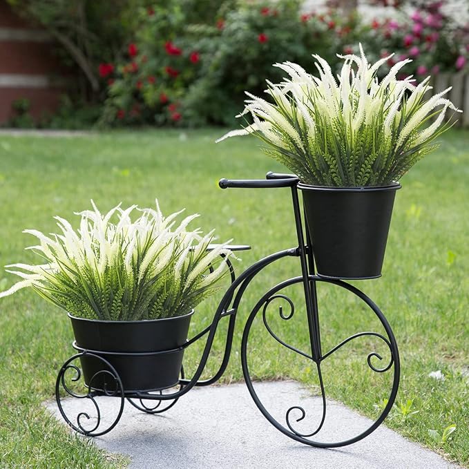 Grunyia 10 Bundles Artificial Plants Outdoor Fake Grass with Flowers UV Resistant Greenery Garden Porch Window Box Decorating (White)