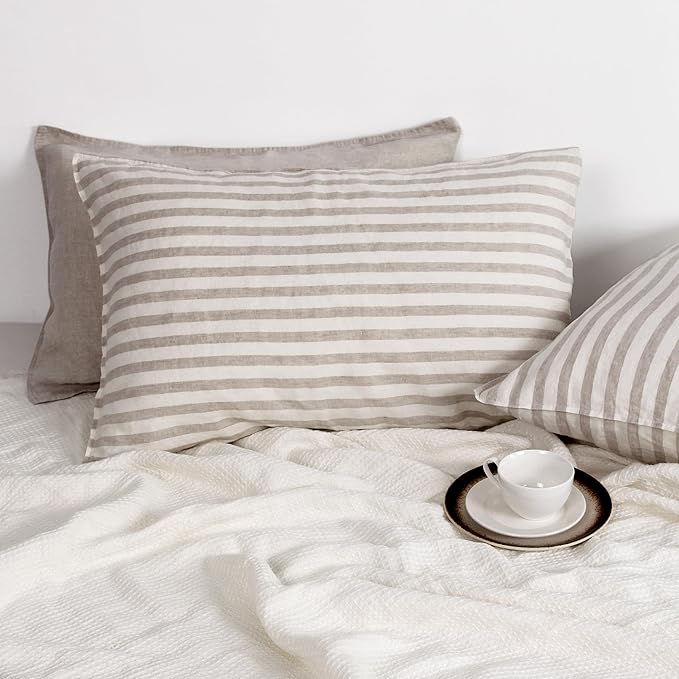 Linen World Striped Linen Pillow Cases Set of 2,20"x40" King Size,100% French Natural Flax Soft Pillowcases,Natural Stripe