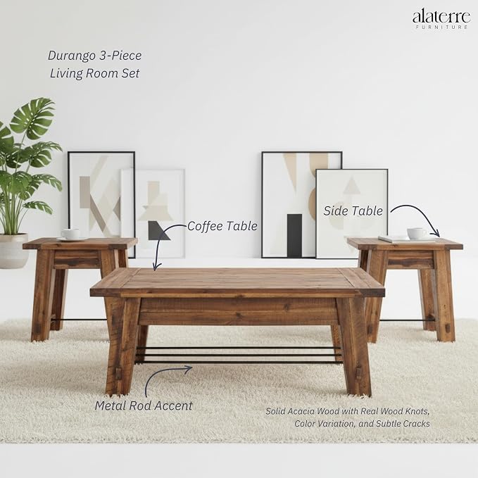 Alaterre Furniture Durango Solid Wood Coffee Table Set of 3, Rustic | Living Room Table Set Include 48-Inch Coffee Table and 2 27-Inch End Tables with Sturdy Metal Accents and Storage Shelf