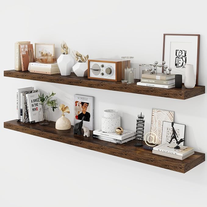 Acovy 55 Inch Floating Shelves, 9.3" Deep Floating Shelf Wall Mounted, 56" Wall Shelves, Rustic Deep Bookshelf, Large Display Shelves & Storage Shelves for Bedroom, Living Room, Brown, Set of 2