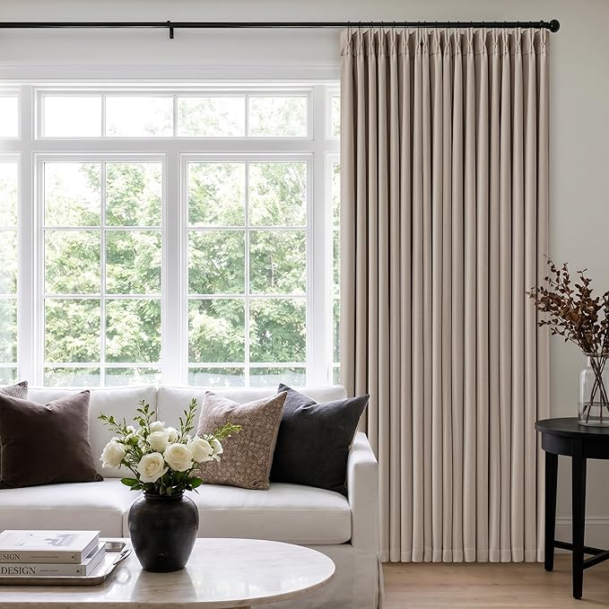 60 Inch Extra Wide 100% Blackout Curtains 108 Inches Long 1 Panel for Bedroom, Burlywood Birch Memory Trained Pleated Thick Linen Thermal Noise Reducing Windows Curtain Light Blocking Drapes 60x108