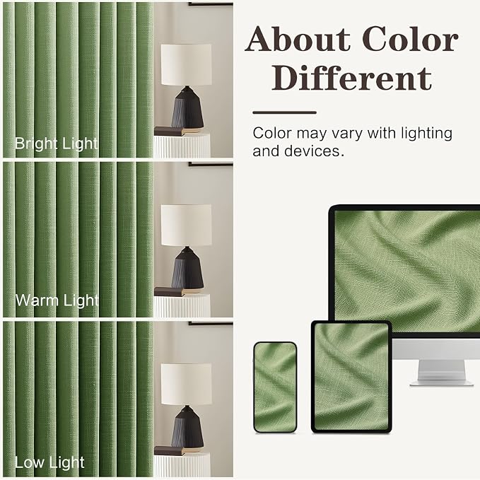 Sage Green 90 Inch Curtains Pinch Pleated Linen Curtain for Living Room, Light Filtering Pleat Drapes Textured Thick Ceiling Boho Semi-Sheer Curtain with Hooks for Farmhouse Study Room, 2 Panels
