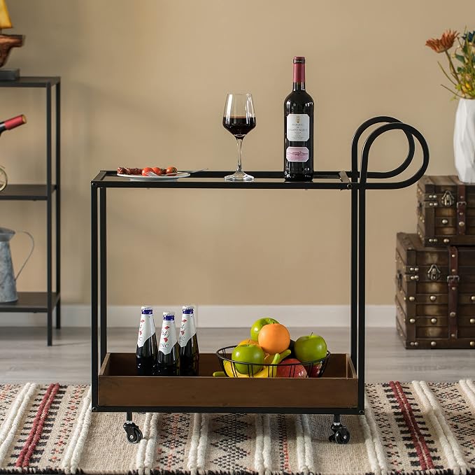 Vintiquewise Metal Bar Cart with Glass Shelves, Rolling Wheels & Handles, Large Modern Brass Mini Bar for Home, Dining, Living Room, Basement, Liquor Table