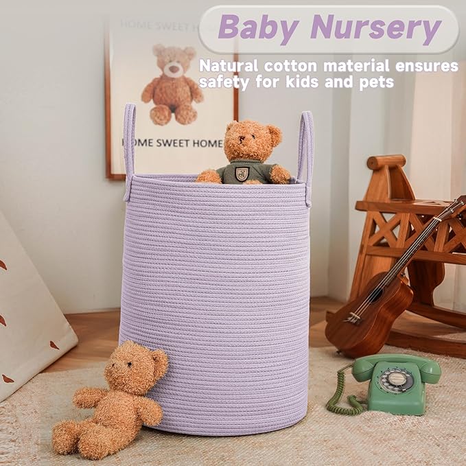 JMvicyroam Large Woven Laundry Basket Hamper,60L Cotton Rope Storage Bin for Blankets,Toys and Clothes,Decorative Tall Nursery Hamper for Living Room,Baby Nursery,Bathroom and Bedroom,Purple