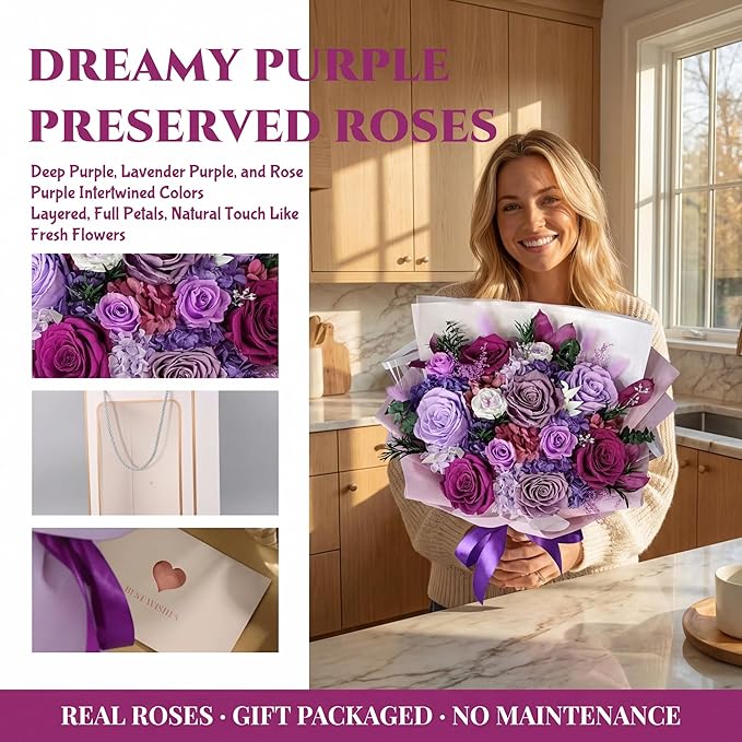 XTYFJGVA 12 Preserved Purple Roses Bouquet, Flowers for Delivery, Real Roses That Last 1-3 Years, Birthday Gifts for Women, Forever Flower Gifts for Mom, Wife, Grandma, Her on Mothers Day, Anniversary