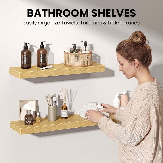 Fun Memories 48 Inch Floating Shelves for Wall 8 Inch Deep Oak Shelves Set of 2, Wall Mounted Rustic Wood Long Floating Shelf, Large Display & Storage Shelf with Invisible Brackets