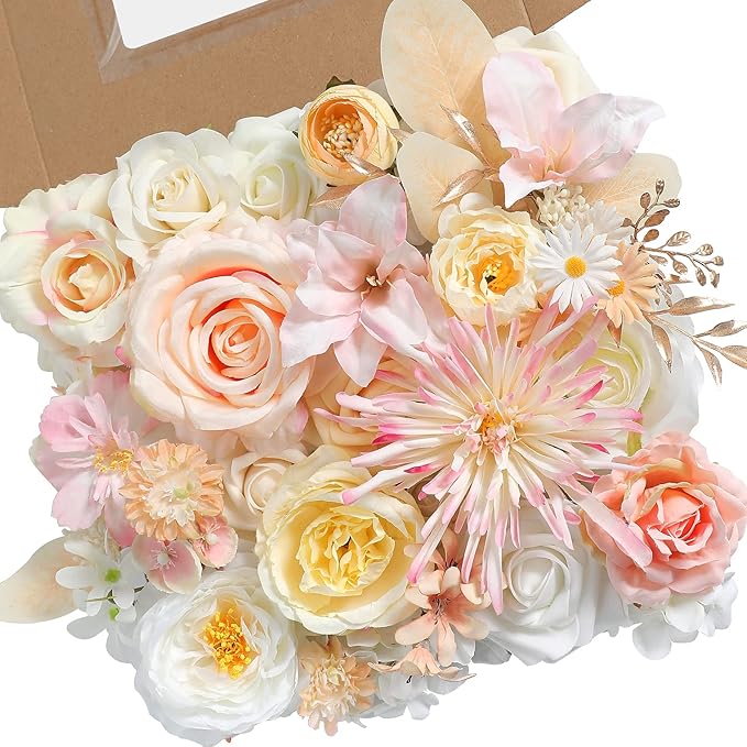 rongflower Artificial Flowers Combo Box Set Faux Fake Flower Leaf with Stems Arrangements for DIY Wedding Bouquets Party Table Centerpieces Home Decorations Yellow Pink