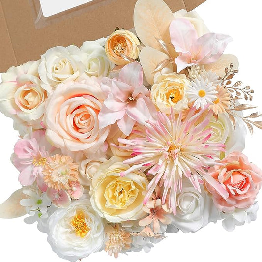rongflower Artificial Flowers Combo Box Set Faux Fake Flower Leaf with Stems Arrangements for DIY Wedding Bouquets Party Table Centerpieces Home Decorations Yellow Pink