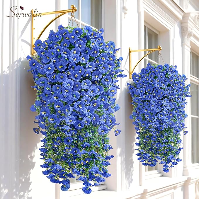 Serwalin Artificial Hanging Flowers for Outdoors UV Resistant, 8PCS Faux Morning Glory Fake Outdoor Flowers Realistic Silk Flower Faux Plants for Outside Planter Front Door Porch Patio Yard Decor