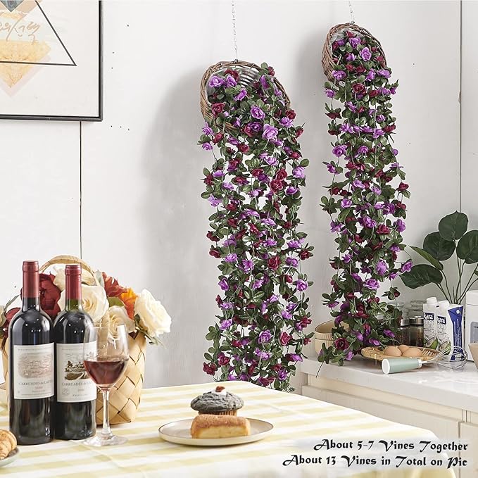 PONKING 8 Pcs x 8.2 ft Flower Garland Artificial Rose Vine Flowers with Green Leaves Hanging Fake Roses Vine for Room Party Home Wedding Birthday Christmas Wall Arch Decor, Spring Purple Flower