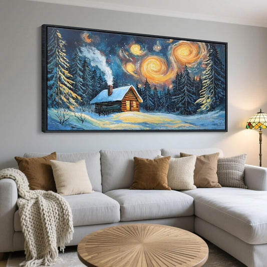 QZQCBLC Vintage Forest Wall Art, Large Farm Hut Landscape Pictures White Snow Green Trees Orange Clouds Abstract Painting Framed Artwork for Living room Bedroom kitchen Home Office Decor 24x48 IN