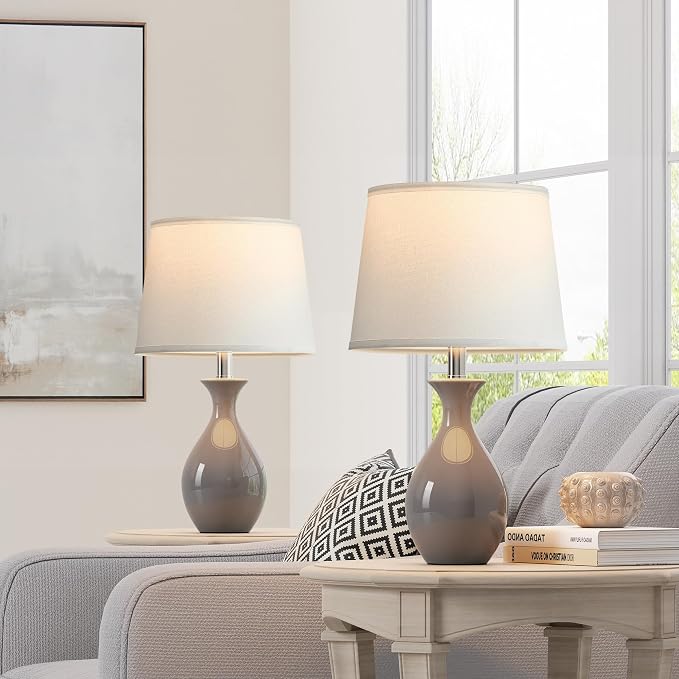 PARTPHONER Table Lamp Set of 2, Modern Ceramic Bedside Lamps for Night Stands, Classic Small Lamp Nightstand Lamp for Bedroom Living Room Desk End Table Rocker Swtich Grey