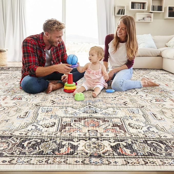 Area Rug for Living Room - 7x9 Soft Washable Oriental Vintage Floral Distressed Large Carpet - Fade Stain Resistant Non Slip Rugs for Bedroom Dining Room Nursery Dorm Office Home Decor - Multi