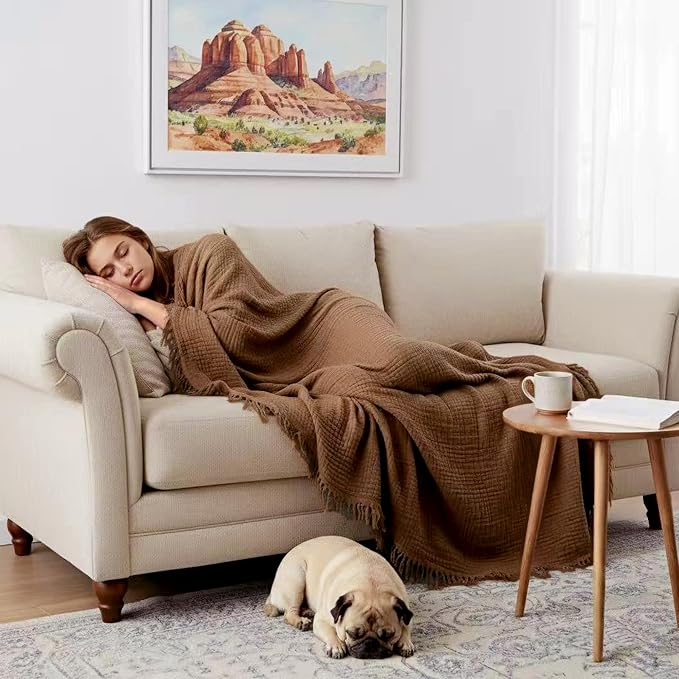 KyraHome 100% Cotton Throw Blankets, 90"x104" King Size, Organic Cotton Pre-Washed, Lightweight Gauze Fall Throw Blankets, Layering Muslin Blankets Bed Coverlet, All Season, (Brown)