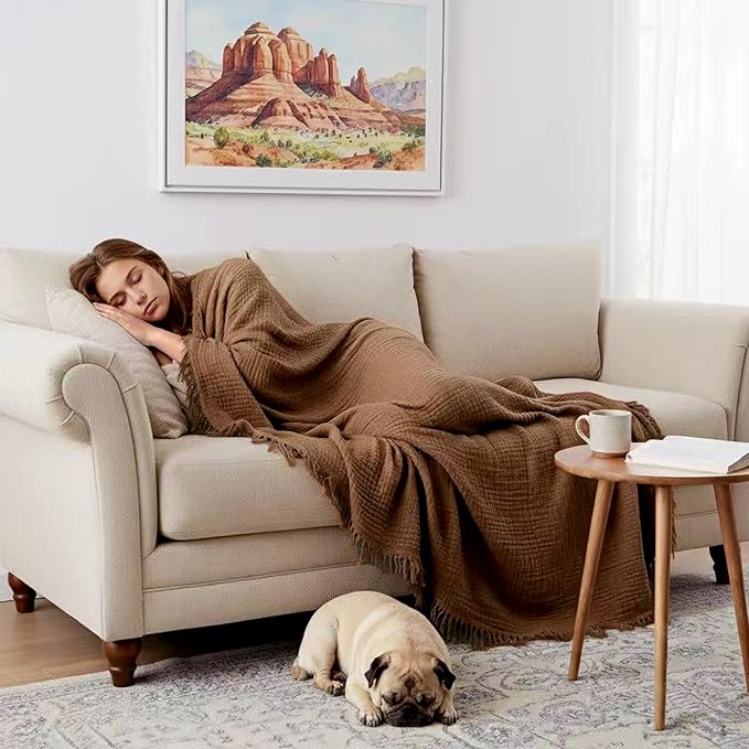 KyraHome 100% Organic Cotton Throw Blankets, 90“x90” Queen, Pre-Washed Muslin Blanket, Plant Dyed, Breathable Lightweight Gauze Summer Blankets for Adults, Bed, Couch, All Season, (Brown)