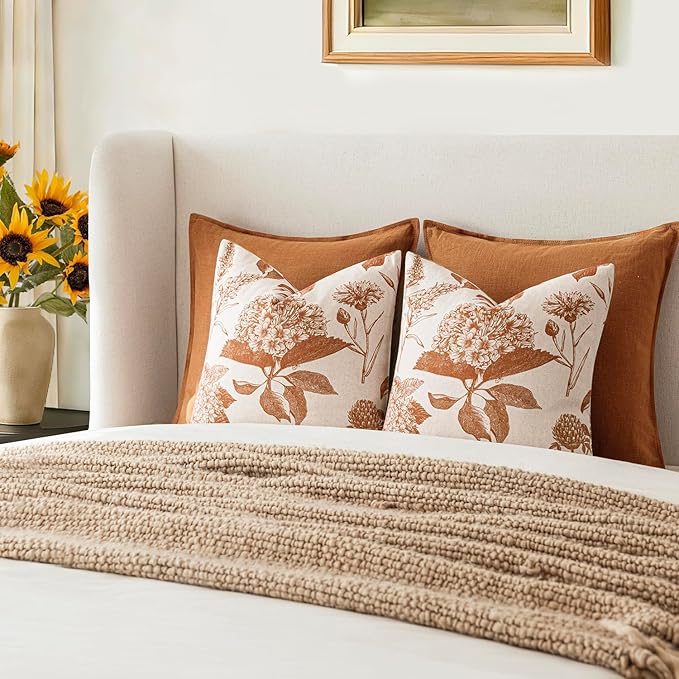 Foindtower Set of 2 Linen Floral Throw Pillow Covers Vintage Accent Print Decorative Cozy Cushion Covers Farmhouse Boho Home Decor for Sofa Chair Couch Bedroom Living Room,18×18 Inch,Autumn Orange