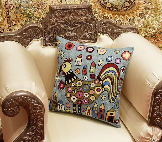 Blue Rooster Throw Pillow Cover Karla Gerard Folklore Pillowcase Cock Bird Floral Chair Cushion Flower Couch Pillowsham Farmhouse Hand Embroidered Wool 18x18 Inch