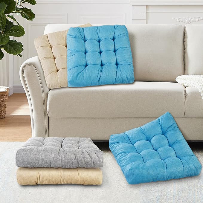 Meditation Floor Cushions Set of 2, Thickened Floor Pillow for Adults, Large Square Pillows Seat Cushion for Tatami Living Room Yoga, Memory Sponge Block Added, 22x22 Inch, Light Blue