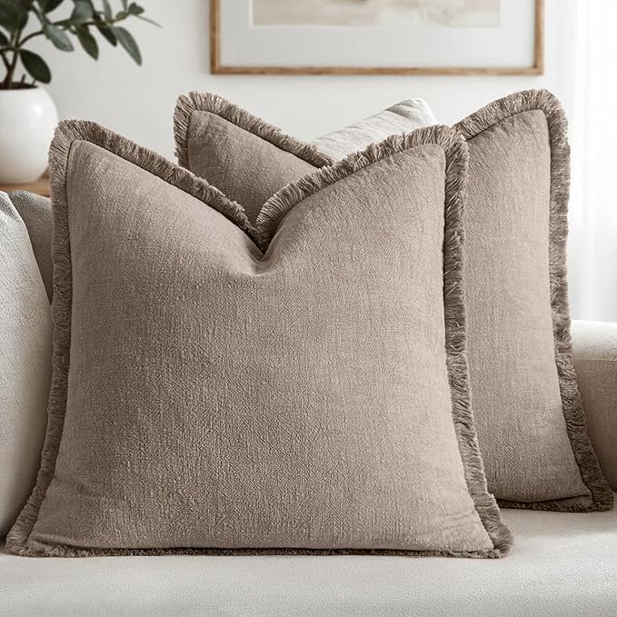 MIULEE Decorative Throw Pillow Covers Neutral Linen Fringe Throw Pillows Set of 2 Dune Boho Farmhouse Cushion Covers with Tassels for Couch Sofa Bed Living Room Spring Decor 20x20 Inch
