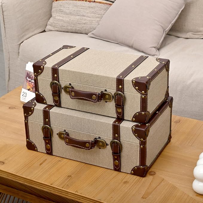 DDECOR4SEASON Set of 2 Decorative Vintage Storage Trunks, Natural Canvas Wrapped Wood Keepsake Boxes with Faux Leather Trim and Antique Accents, Stackable Nesting Chests for Home Décor