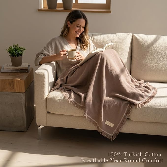 Odin Waffle Throw Blanket with Tassels, 50x66 Inch, 100% Turkish Cotton, Oeko-TEX Certified, Breathable Lightweight Throw for Couch, Sofa & Bed, Made in Turkey, Sand