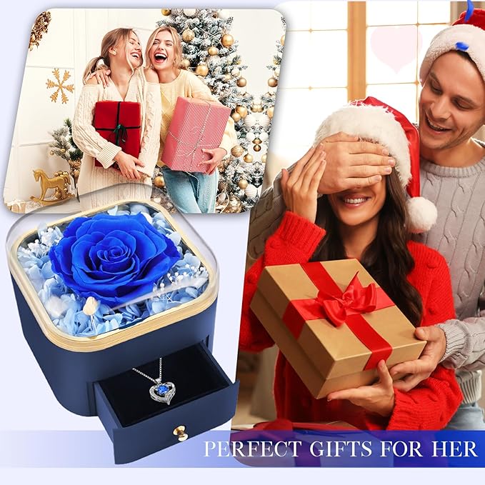 Beferr Gifts for Mom Preserved Real Blue Rose with Necklace Eternal Roses Forever Flowers for Delivery Christmas Anniversary Birthday Mothers Day Flower for Women Her Grandma Wife Daughter Girlfriend