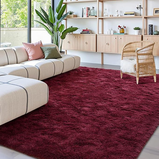 FinRèc 6x9 Feet Red Rug for Living Room Bedroom, Fluffy Shag Area Rug, Non-Slip Plush Fuzzy Rugs for Nursery Kids Room Dorm Room Home Decor, Indoor Furry Floor Carpet