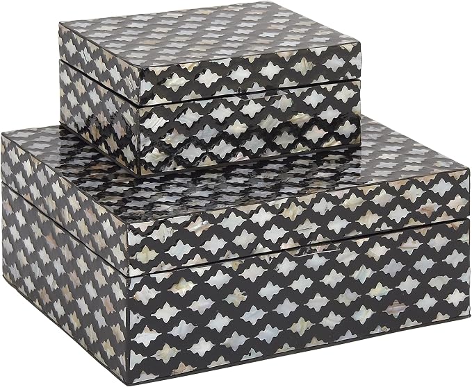 Deco 79 Mother of Pearl Shell Decorative Box Decorative Keepsake Boxes with Hinged Lid, Set of 2 Storage Boxes 12", 8"W, Black