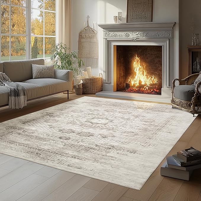 Washable Rugs 8x10 Area Rugs for Living Room,Bedroom,Dining Room- Modern Abstract Large Area Rugs with Non Slip Rubber Backing,Soft Low Pile Neutral Accent Carpet for Nursery Dorm Home Office