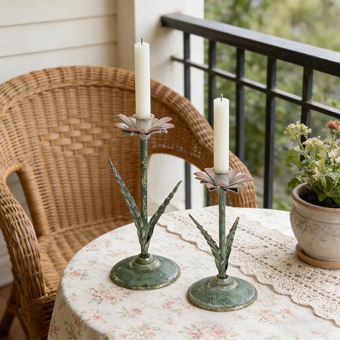 Vintage Lotus Flower Taper Candle Holders Set of 2, Distressed Green Metal Candlestick Stands with Pink Floral Design, Rustic Farmhouse Tabletop Centerpiece for Wedding, Dining & Home Decor