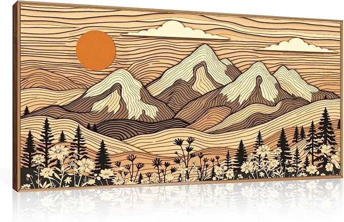 HPNIUB Large Boho Woodcut Mountain Framed Wall Art Set,Abstract Forest Wall Decor,Vintage Sunset Brown Art Print,Nature Wilderness Scenery Artwork for Living Room, Bedroom,Farmhouse -20"x40"