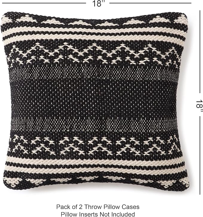 REDEARTH Handmade Boho Throw Pillow Covers - Bohemian Chic Farmhouse Style - Accent Woven Indoor and Outdoor Pillow Cushion Cases for Couch - Bed - Sofa – Set of 2-18"x18" - Ziggurat Obsession Black