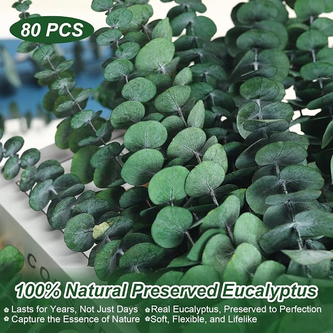 80 Stems Preserved Real Eucalyptus Bunches, Lifelike Natural Green Eucalyptus Leaves for Shower, Maintenance-Free Dried Florals for Vase Fillers, Wedding Centerpieces, Bathroom Home Office Decor