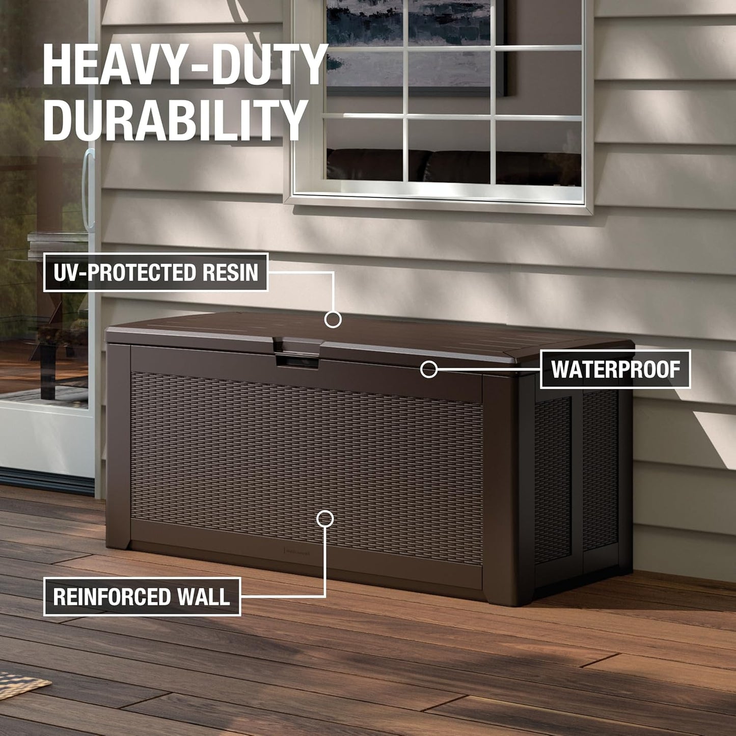 Rubbermaid Extra Large Resin Outdoor Storage Deck Box (134 Gal), Weather Resistant, Brown, Deck Organization for Home/Backyard/Pool Chemicals/Toys/Garden Tools/Porch/Patio Cushions