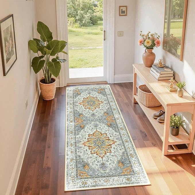 RELEANY Area Rugs 2'x6' Runner Rug Non Slip Washable for Kitchen Hallway Bedroom Beside Laundry Room Bathroom Rug, Floor Carpet, Light Yellow Carbon Grey Orange