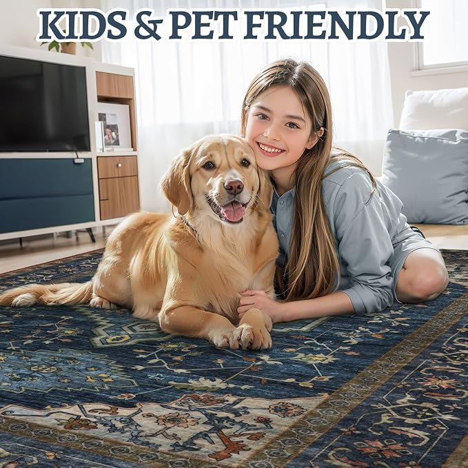 Tangsoo Dark Blue 2x3 Washable Rugs for Entryway, Vintage Non Slip Small Area Rug Carpet, Oriental Indoor Front Door Rug, Door Mat Indoor Entrance Soft Low Pile Throw Rugs for Entry Kitchen Bedroom