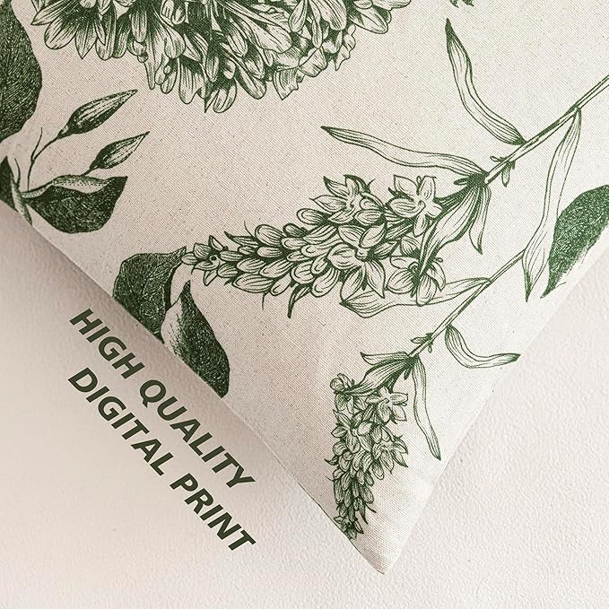 Foindtower Set of 2 Linen Floral Throw Pillow Covers Neutral Vintage Print Decorative Cozy Cushion Covers Farmhouse Boho Home Decor for Sofa Chair Couch Bedroom Living Room,22×22 Inch,Dark Green