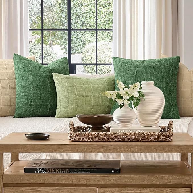 Foindtower Set of 2 Decorative Linen Check Throw Pillow Covers Neutral Farmhouse Vintage Cushion Covers Modern Boho Accent Home Decor for Sofa Chair Couch Bedroom Living Room,22×22 Inch,Forest Green