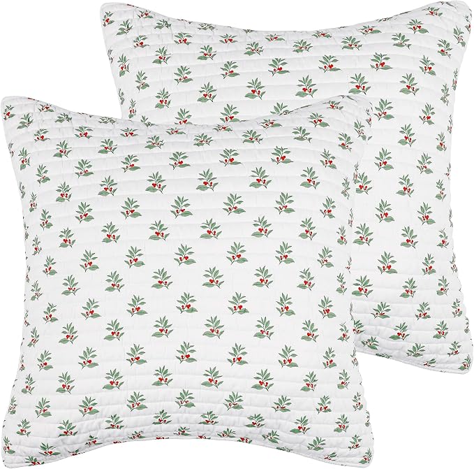 Levtex Home - Merry Tartan Euro Shams - Set of 2 (26x26in.) - Green Red White Sprigs - No Insert - Polyester